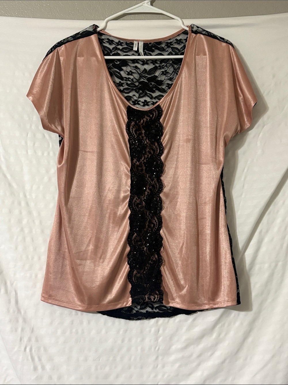 Studio Y Rose Pink Satin Sleep Top with Black Lace Trim
